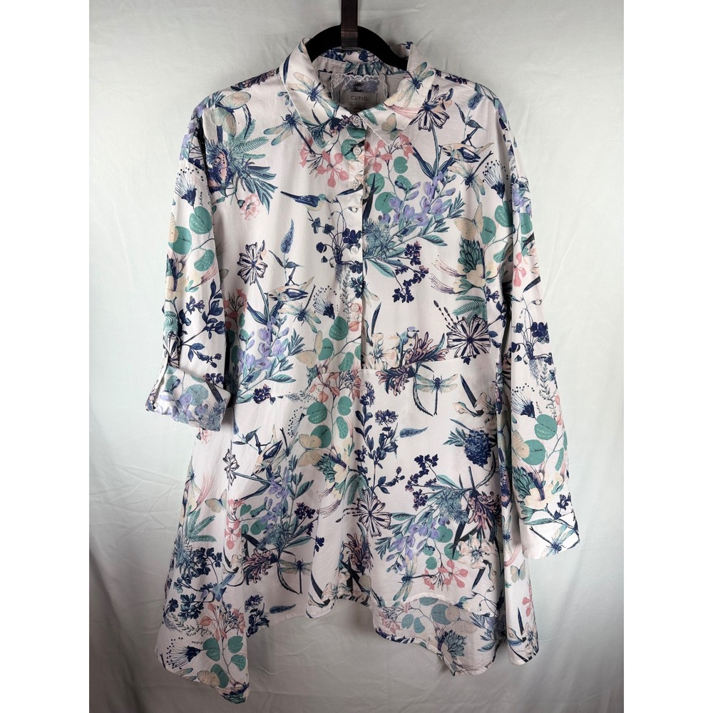 Cupio Womens XL Dragonfly‎ Butterfly Floral Print Button Up Tunic Shirt Top